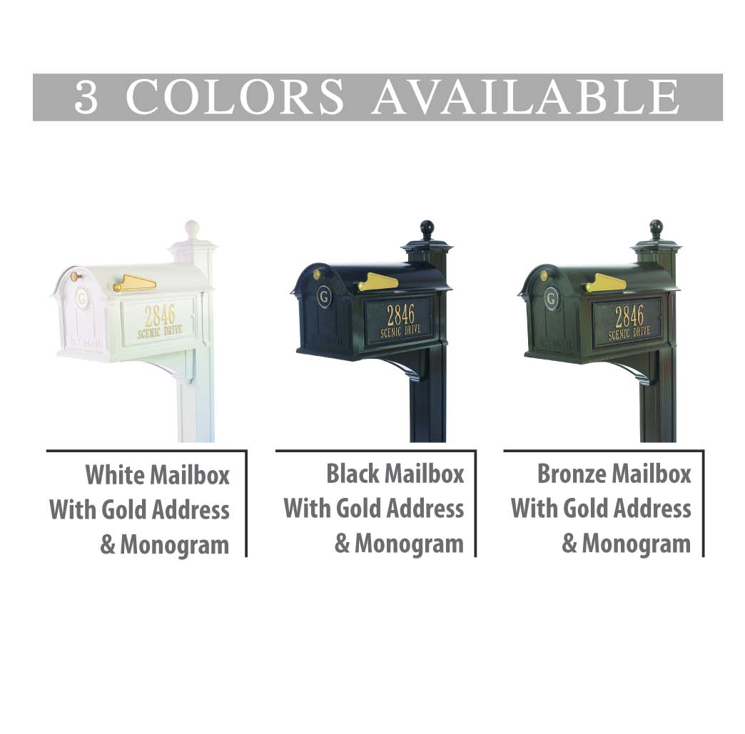 Personalized Whitehall Balmoral Mailbox with Side Address Plaques, Monogram  & Post Package -- 3 COLORS AVAILABLE, BOX DIMENSIONS 13.7