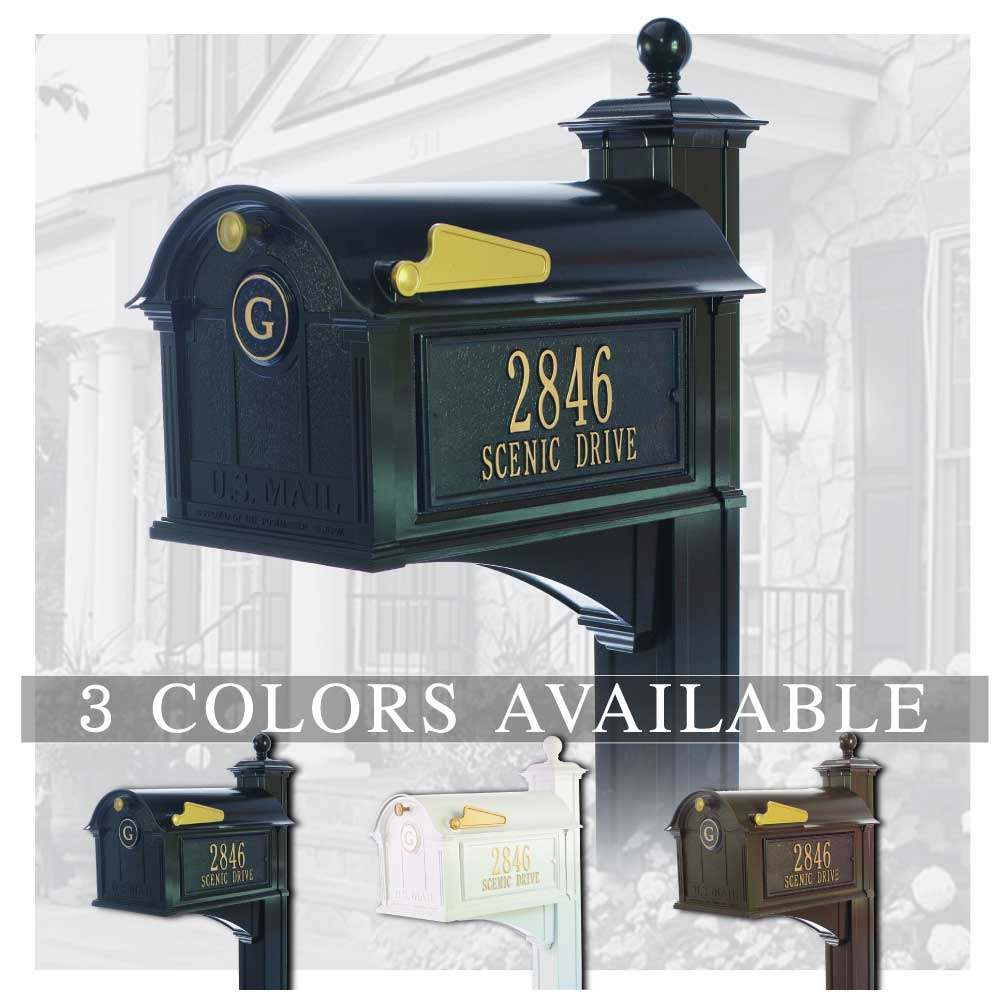 Personalized Whitehall Balmoral Mailbox with Side Address Plaques, Monogram  & Post Package -- 3 COLORS AVAILABLE, BOX DIMENSIONS 13.7