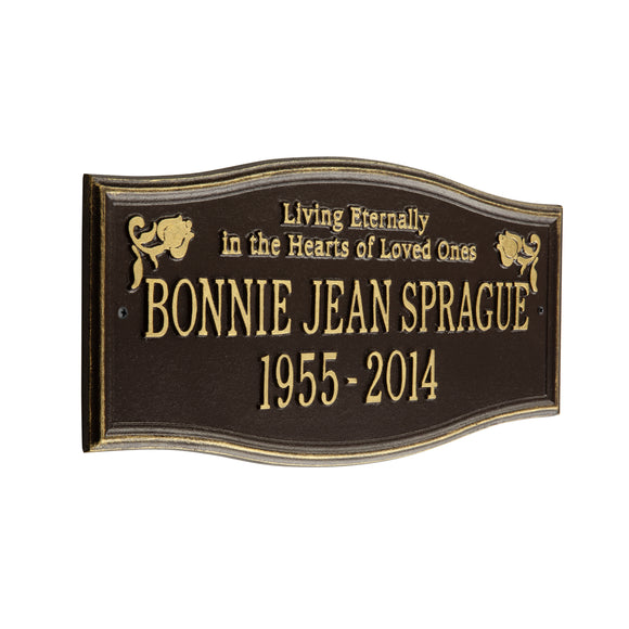 Personalized Cast Metal Memorial Plaque - The Alexandria, Live Eternally, in Memory, commemoration sign. Made in the USA.