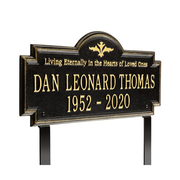 Personalized Cast Metal Memorial Lawn Sign - The Arlington, In Memory, Living Eternally Commemoration Sign. Made in the USA. Ground Mounted Plaque