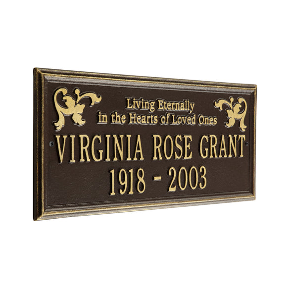 Personalized Cast Metal Memorial Plaque - The Wilmington, live eternally, in memory, commemoration sign. Made in the USA.